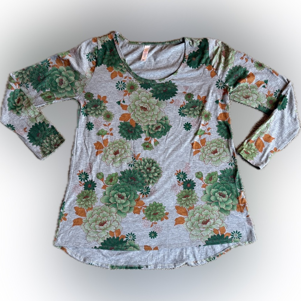 LuLaRoe Green and Orange Floral Long Sleeve Lynnae Top